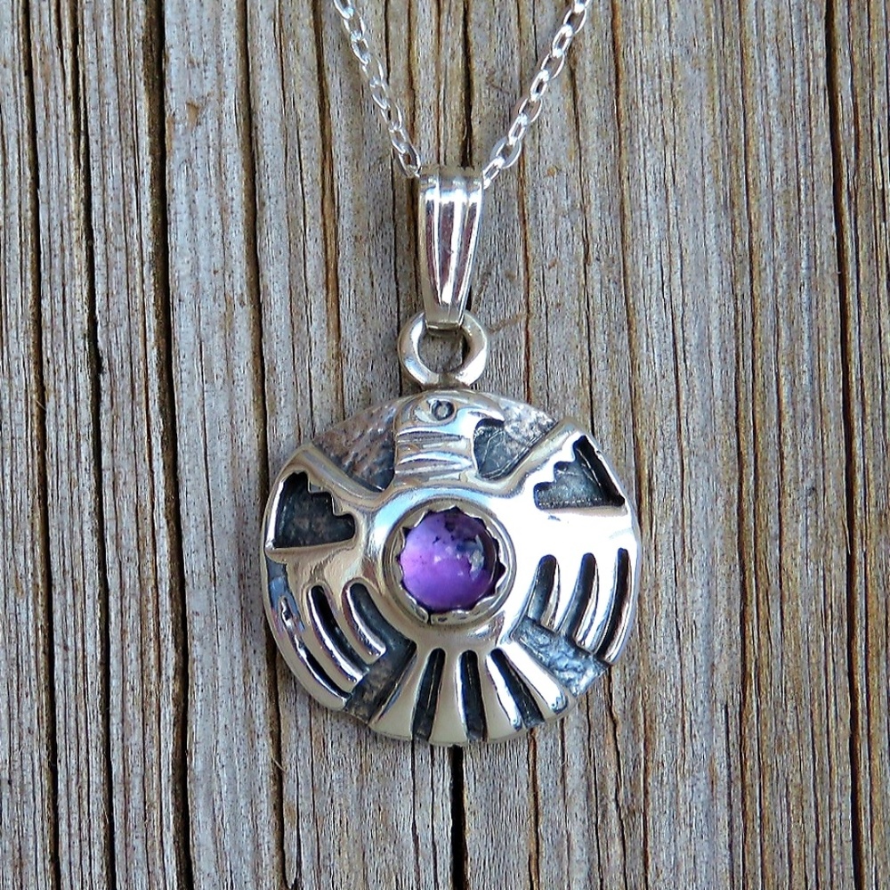 SOLD Vintage Navajo Thunderbird Amethyst Necklace - Picture 1 of 7